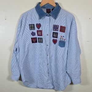 Quizz Woman & Co Embroidered Button Down Shirt Denim Accents Size 20